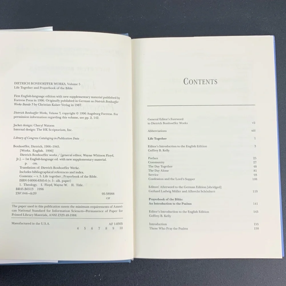 Life Together Prayerbook of the Bible by Dietrich Bonhoeffer. Volume 4. 1996.